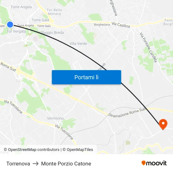 Torrenova to Monte Porzio Catone map