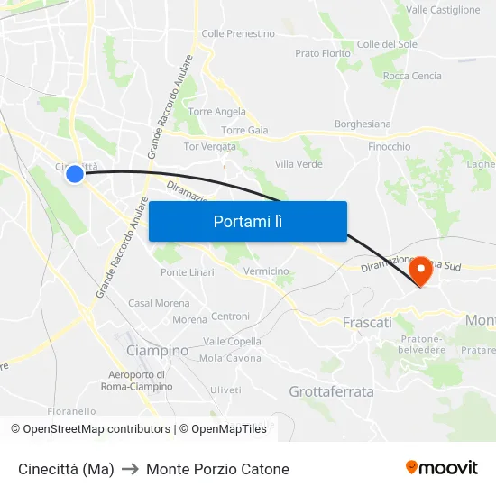 Cinecittà (Ma) to Monte Porzio Catone map