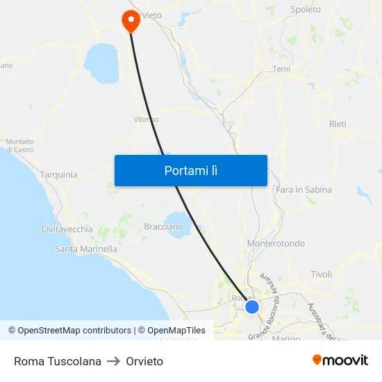 Roma Tuscolana to Orvieto map