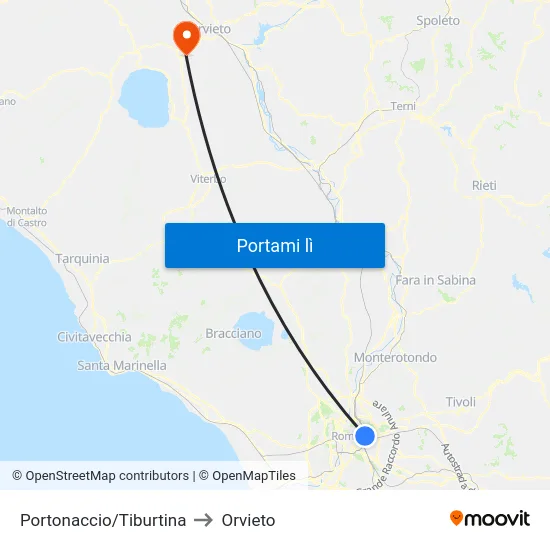 Portonaccio/Tiburtina to Orvieto map