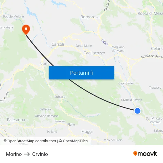 Morino to Orvinio map