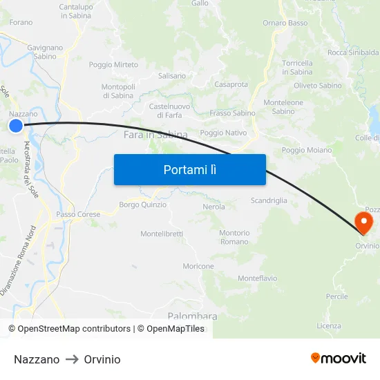 Nazzano to Orvinio map