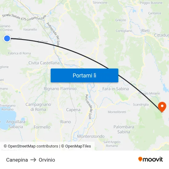 Canepina to Orvinio map
