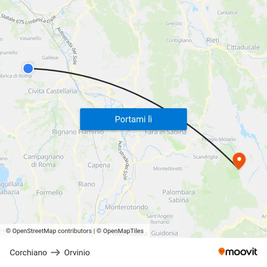 Corchiano to Orvinio map