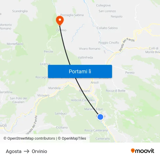 Agosta to Orvinio map