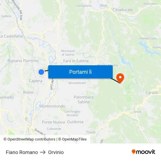 Fiano Romano to Orvinio map