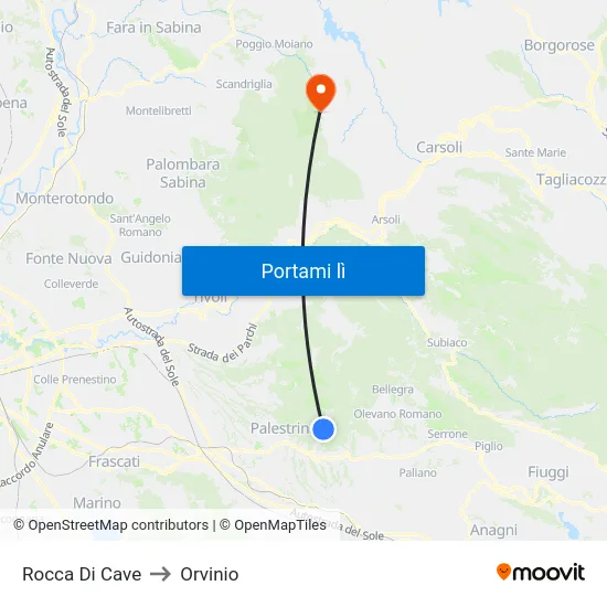Rocca Di Cave to Orvinio map