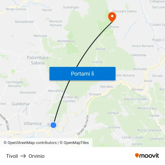 Tivoli to Orvinio map