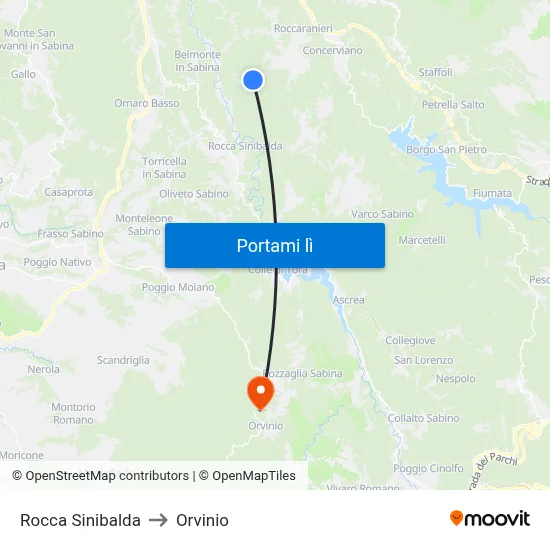 Rocca Sinibalda to Orvinio map