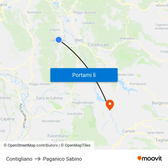 Contigliano to Paganico Sabino map