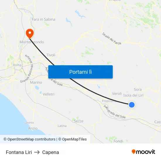 Fontana Liri to Capena map