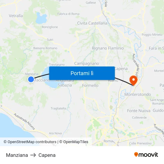 Manziana to Capena map