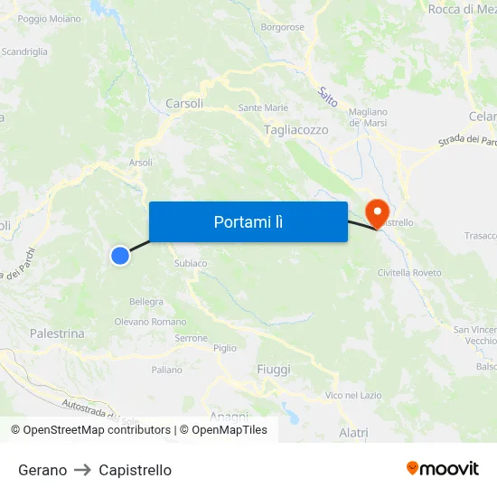 Gerano to Capistrello map