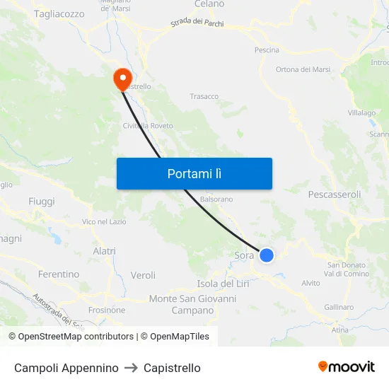 Campoli Appennino to Capistrello map