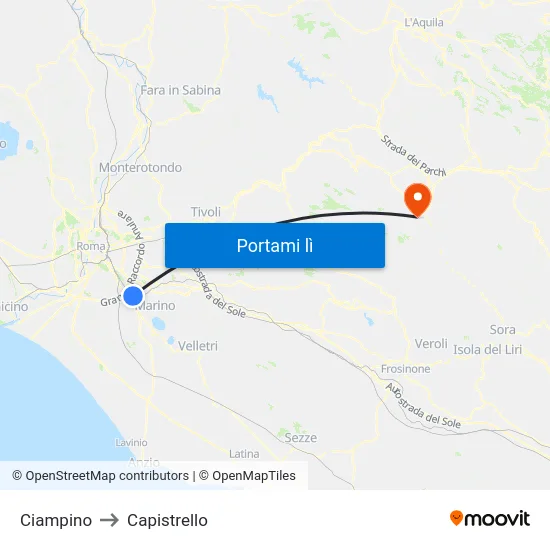Ciampino to Capistrello map