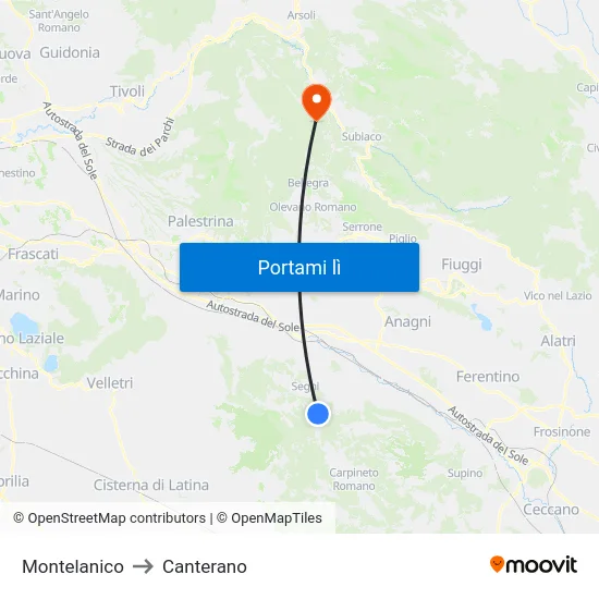 Montelanico to Canterano map