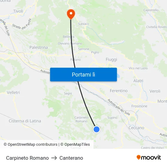 Carpineto Romano to Canterano map