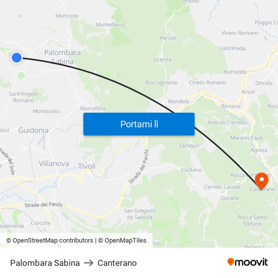 Palombara Sabina to Canterano map