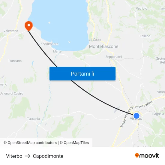 Viterbo to Capodimonte map