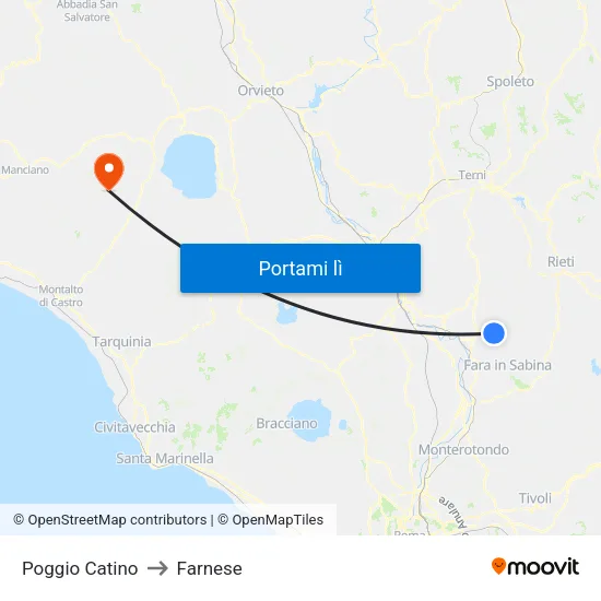 Poggio Catino to Farnese map