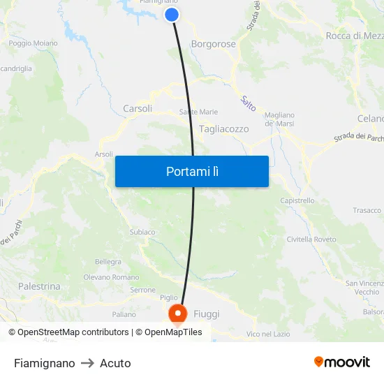 Fiamignano to Acuto map