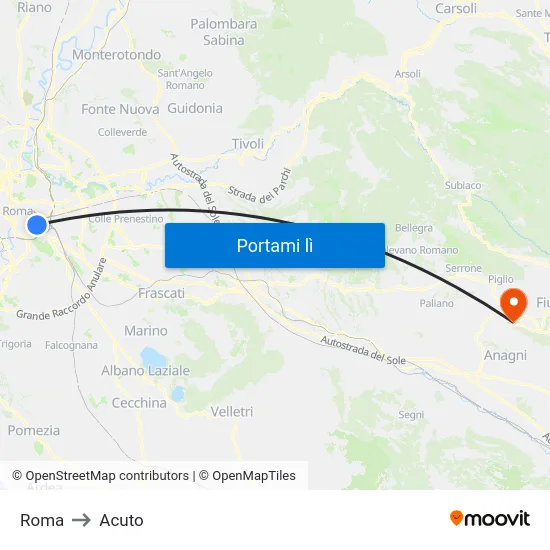 Roma to Acuto map