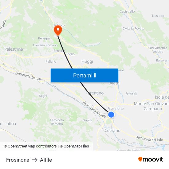 Frosinone to Affile map