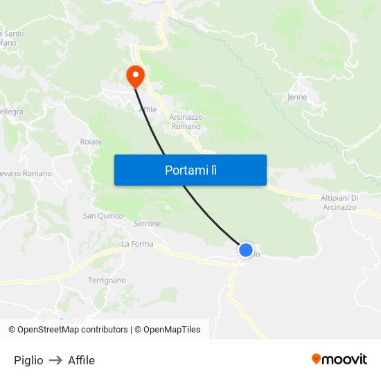 Piglio to Affile map