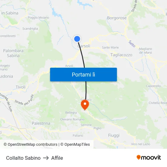 Collalto Sabino to Affile map