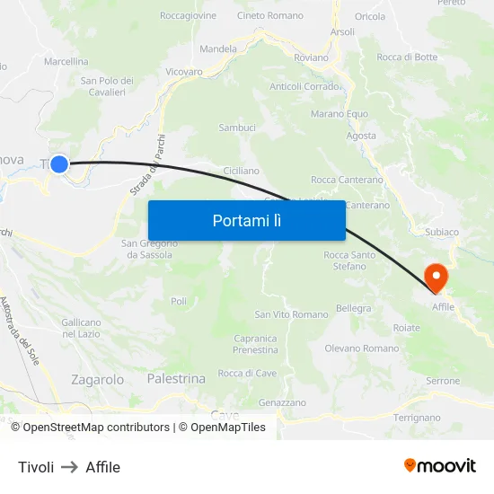 Tivoli to Affile map