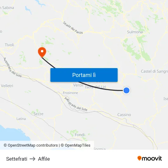 Settefrati to Affile map