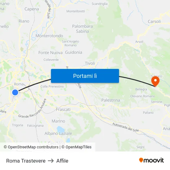Roma Trastevere to Affile map
