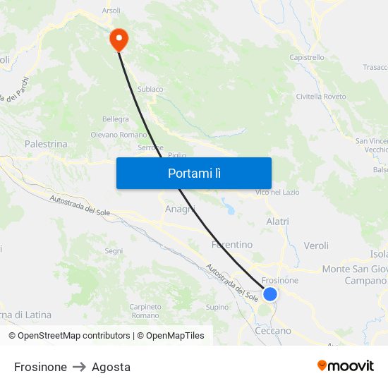 Frosinone to Agosta map