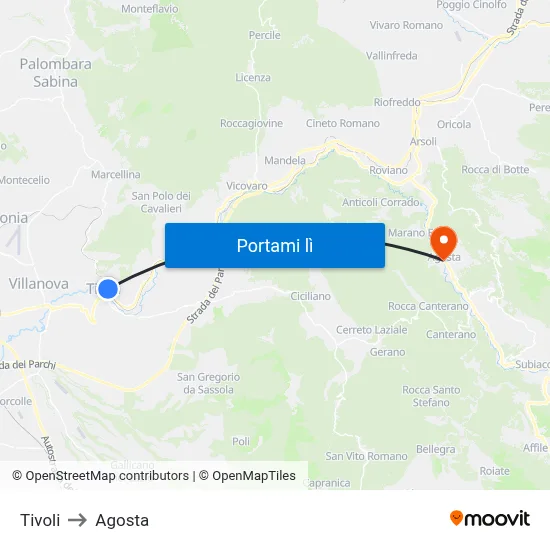 Tivoli to Agosta map