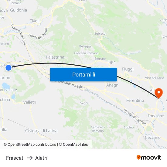 Frascati to Alatri map