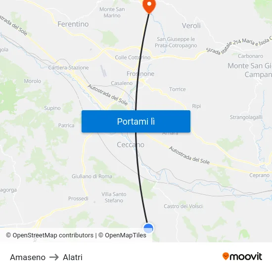 Amaseno to Alatri map