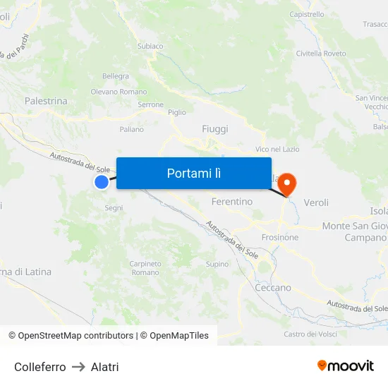 Colleferro to Alatri map