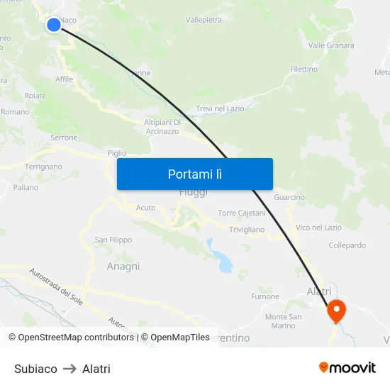 Subiaco to Alatri map