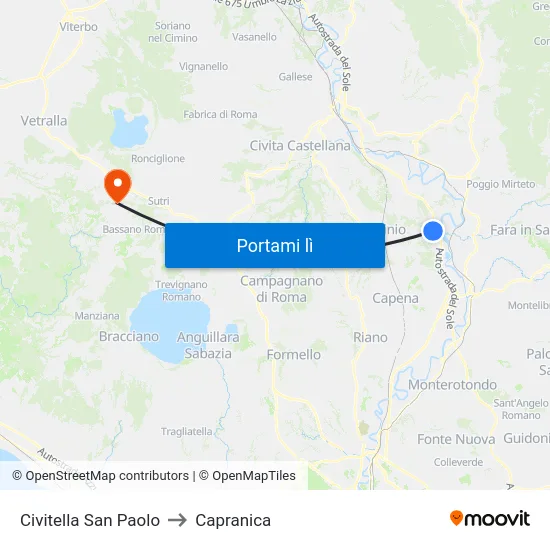 Civitella San Paolo to Capranica map