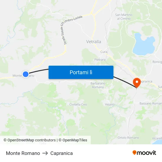 Monte Romano to Capranica map