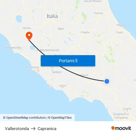 Vallerotonda to Capranica map