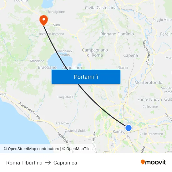 Roma Tiburtina to Capranica map