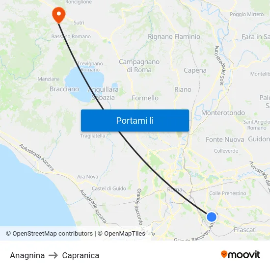 Anagnina to Capranica map
