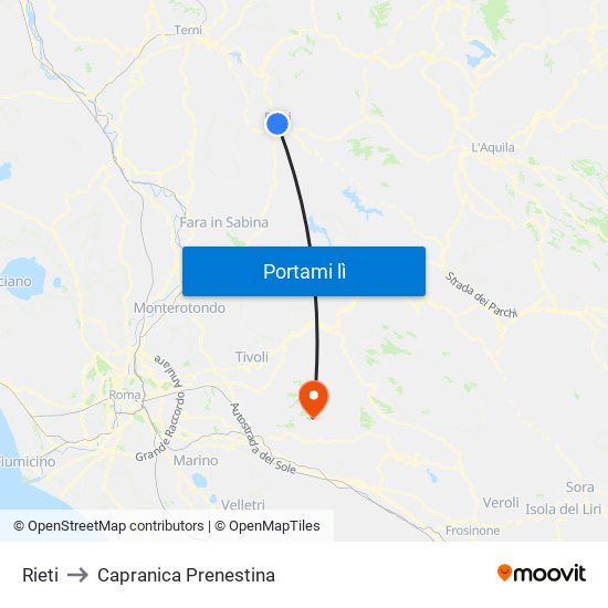 Rieti to Capranica Prenestina map