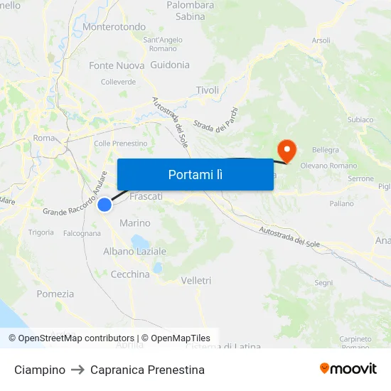Ciampino to Capranica Prenestina map