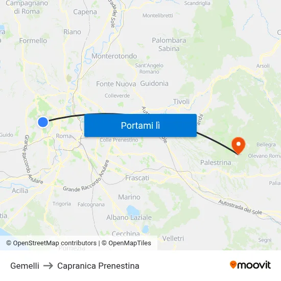 Gemelli to Capranica Prenestina map