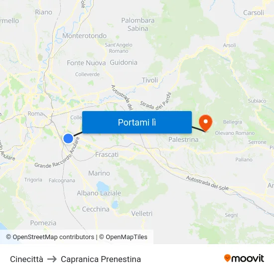 Cinecittà to Capranica Prenestina map