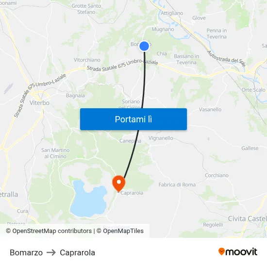 Bomarzo to Caprarola map