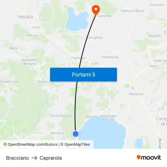 Bracciano to Caprarola map