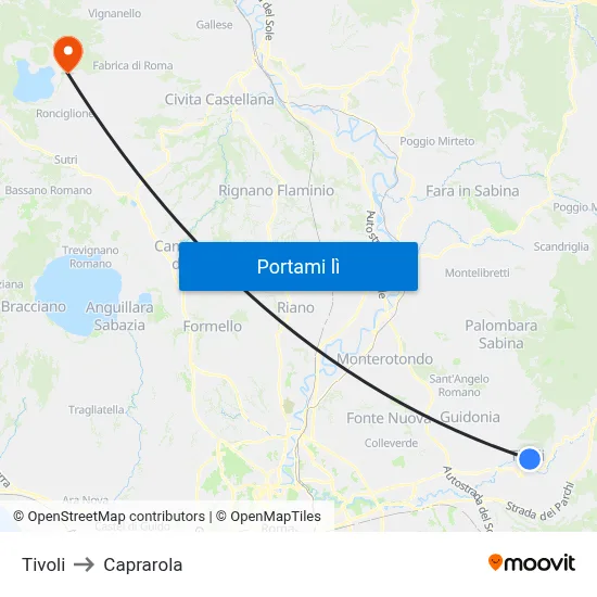 Tivoli to Caprarola map